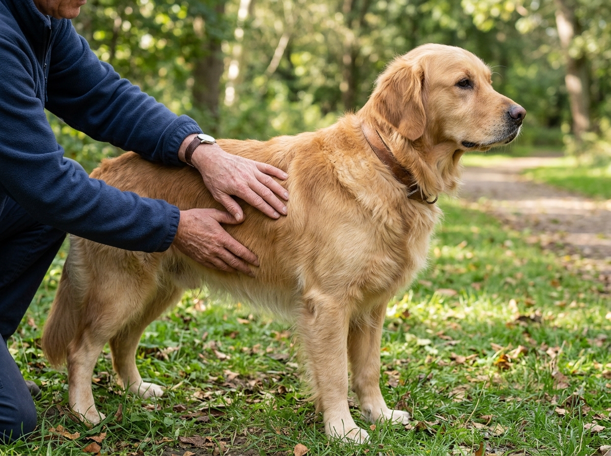 Hands-on check of a dog’s waist and rib cover