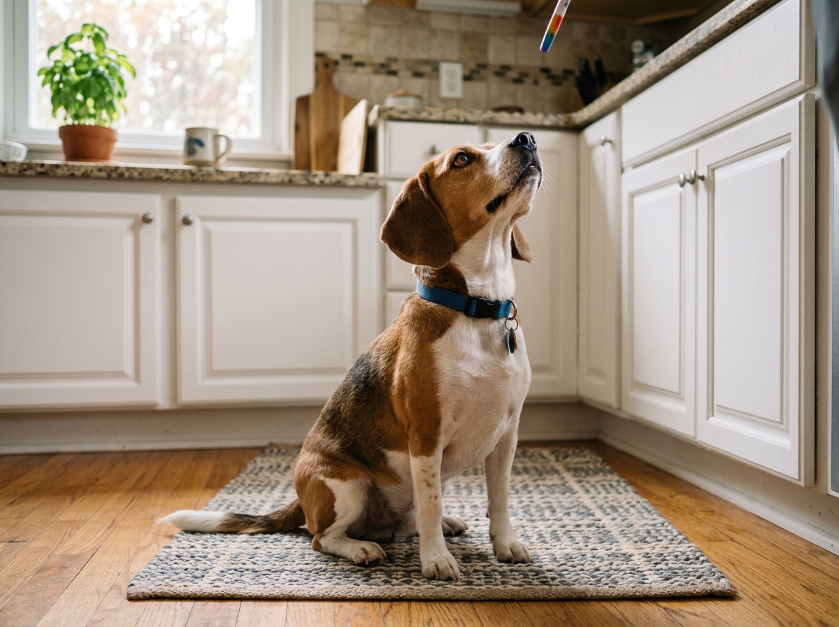 A kitchen training loop with a dog waiting for a named criterion