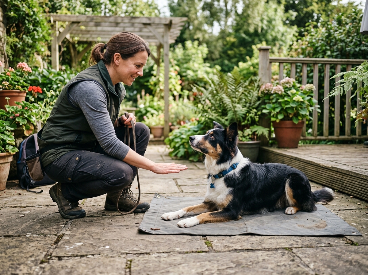 A trainer marking a still sit before delivering food
