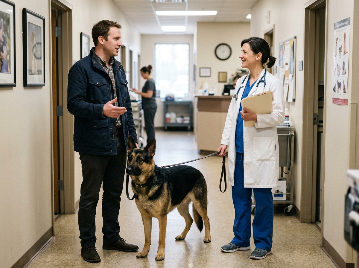 A trainer and a clinician discussing a dog as a shared case